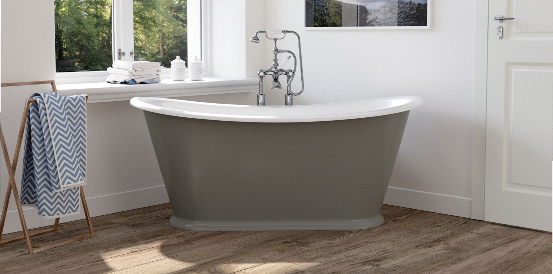 Caravel Bateau cast iron bath painted in Farrow & Ball Charleston Gray