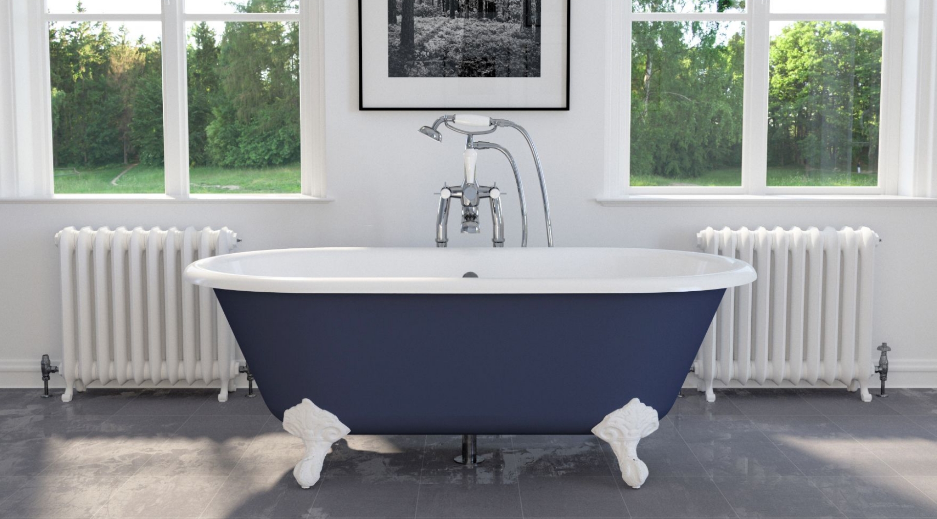 Dryden small cast iron bath Farrow & Ball Drawing Room Blue