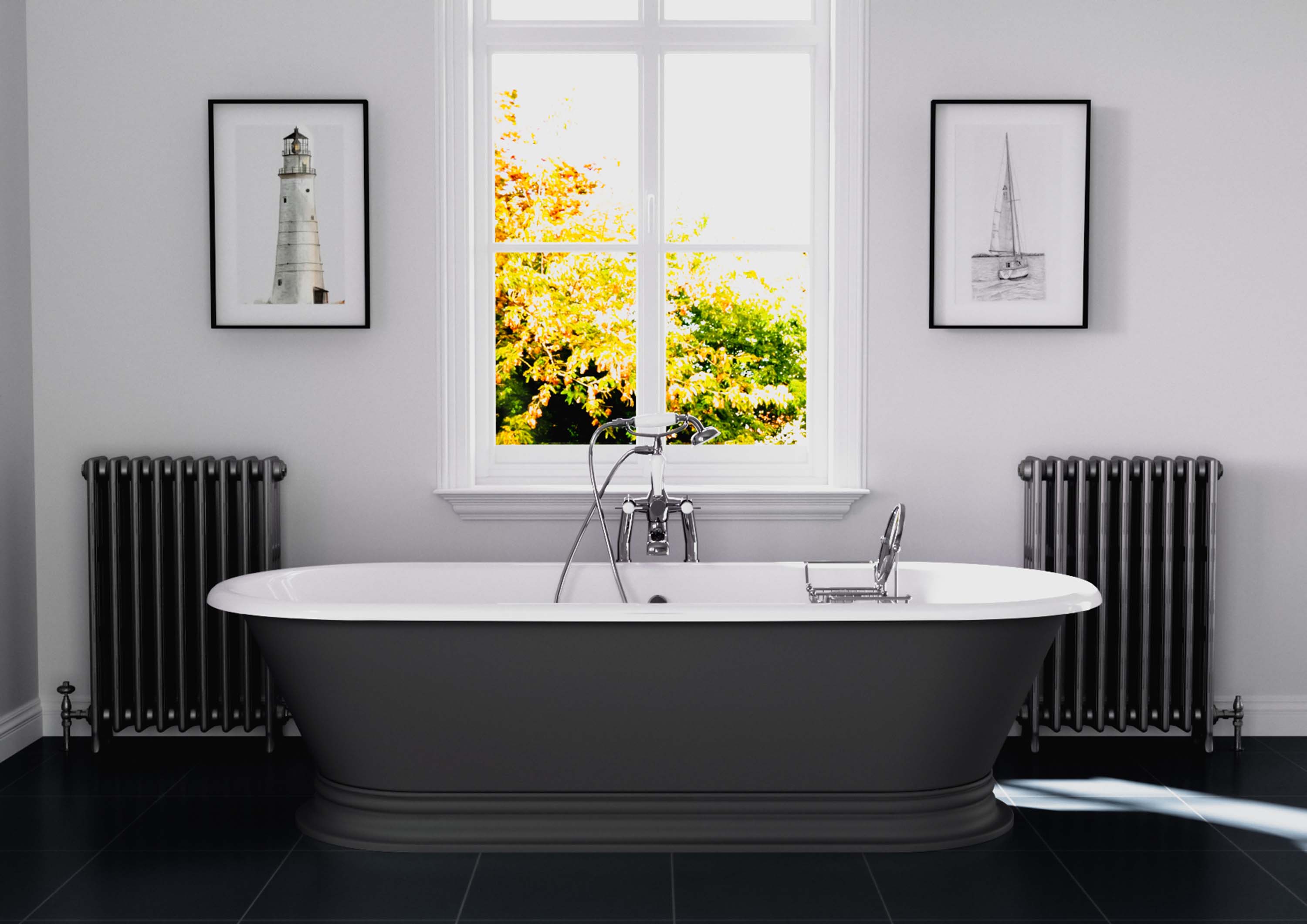 Shikara cast iron baths painted in Farrow & Ball Down Pipe